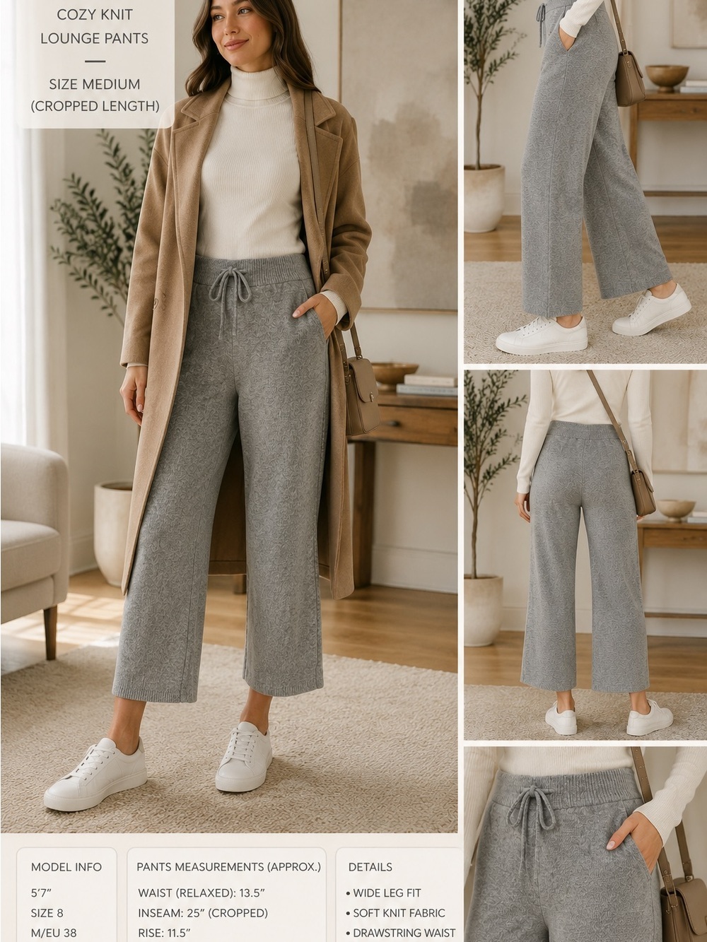 Love & Lore Cozy Knit Lounge Pants NWT Medium Gray Wide Leg Cropped Sweater Knit